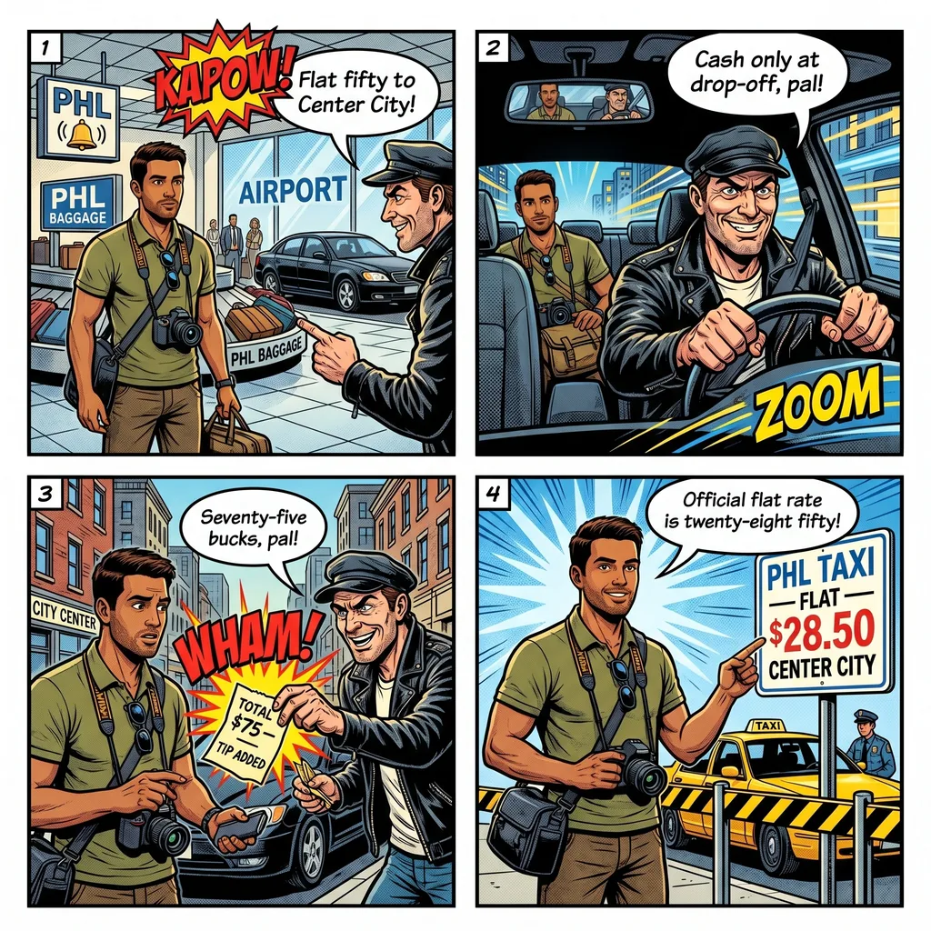 Philadelphia Airport Taxi & Rideshare Overcharges — comic illustration