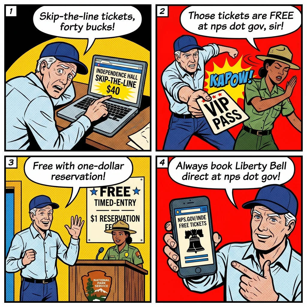 Liberty Bell & Independence Hall 'Skip-the-Line' Ticket Scam — comic illustration