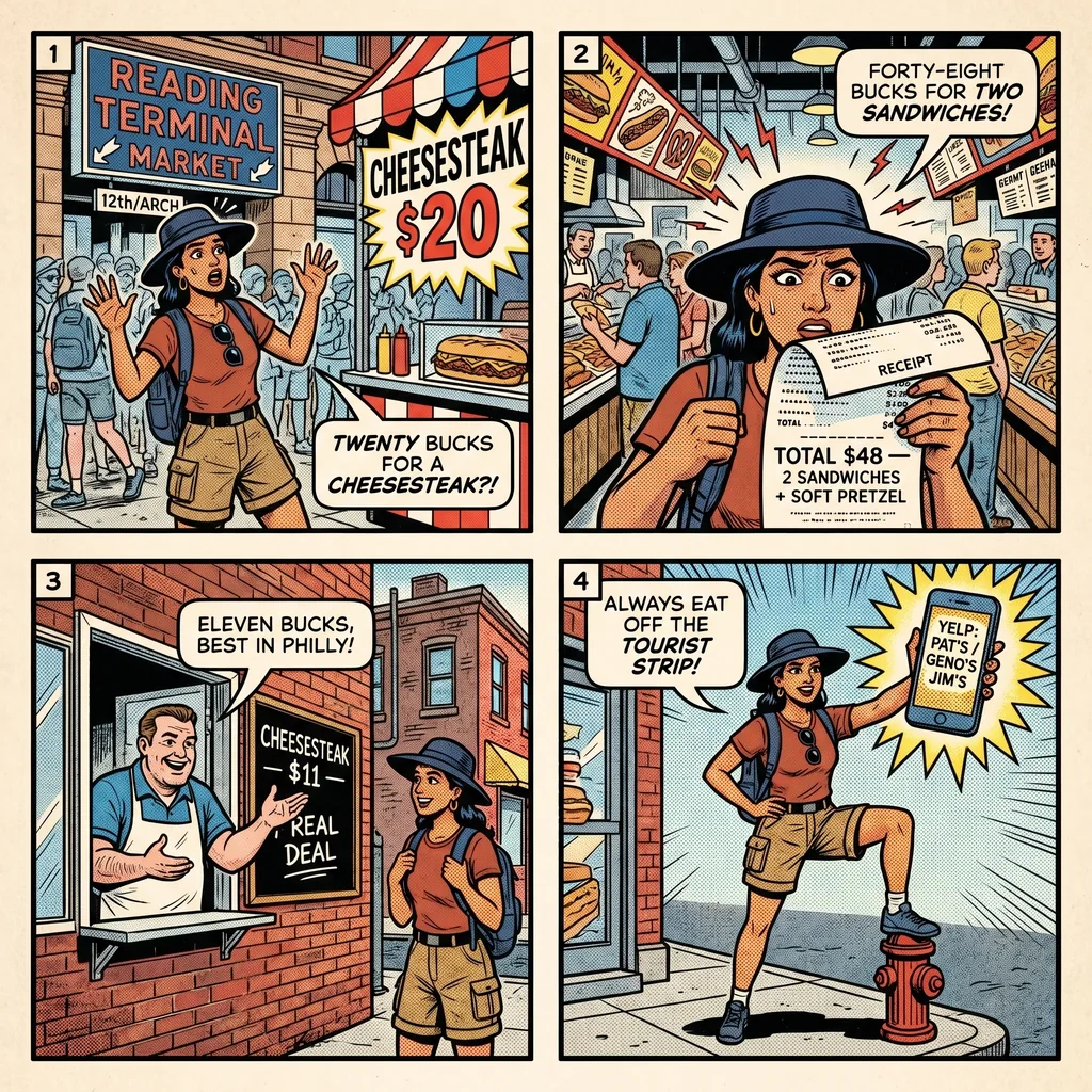 Reading Terminal Market & South Street Tourist-Menu Overcharge — comic illustration