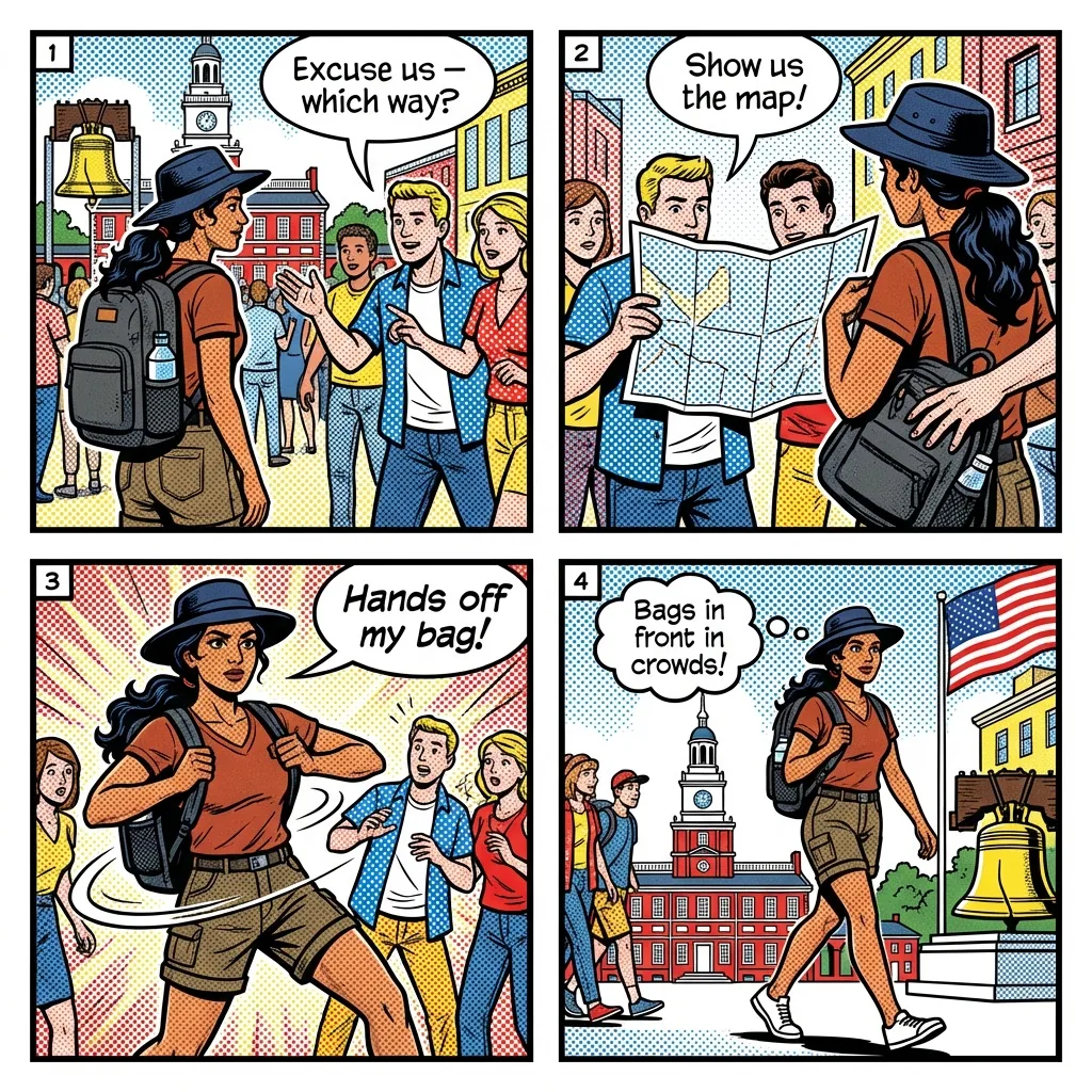 Center City Pickpockets & Street Scams — comic illustration