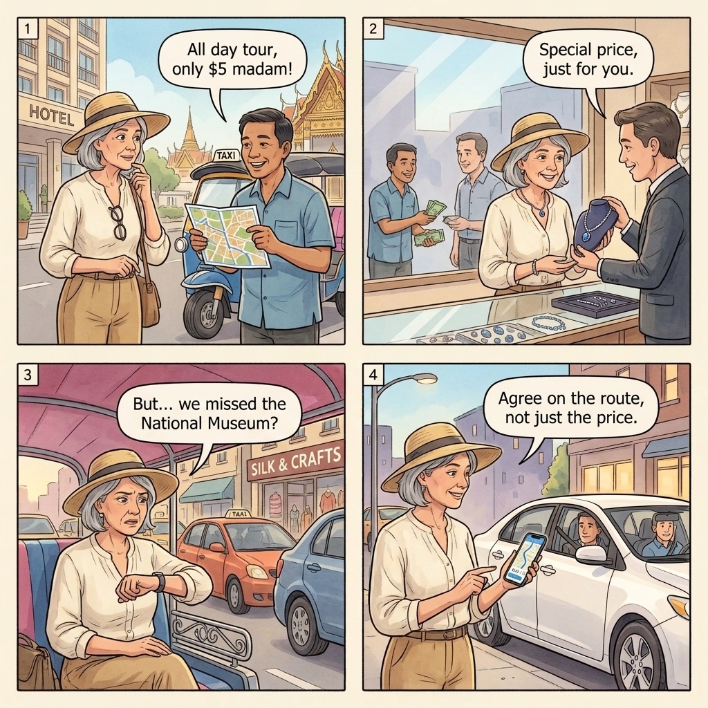 Phnom Penh tuk-tuk five-dollar day-tour commission loop scam comic — driver waves down tourist with laminated map outside hotel