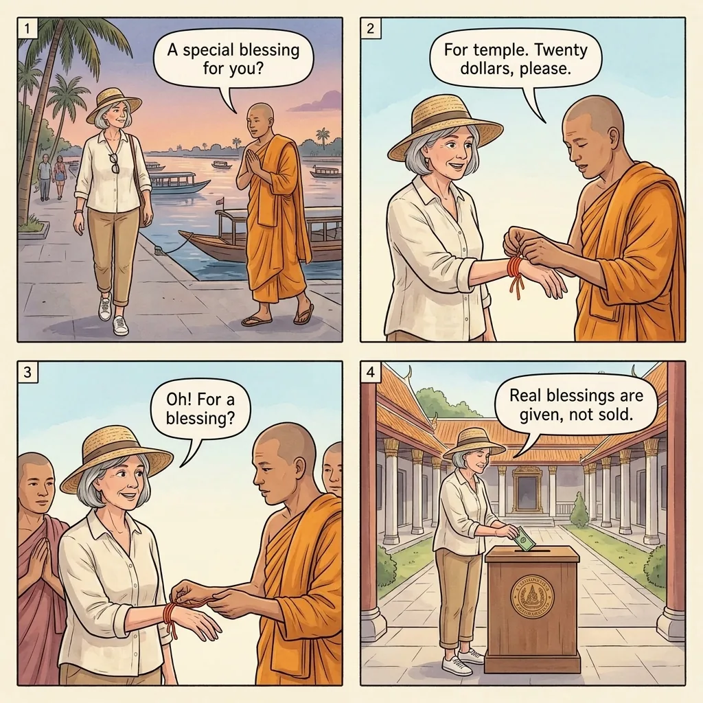 The Mekong Riverfront Fake-Monk Blessing — comic illustration