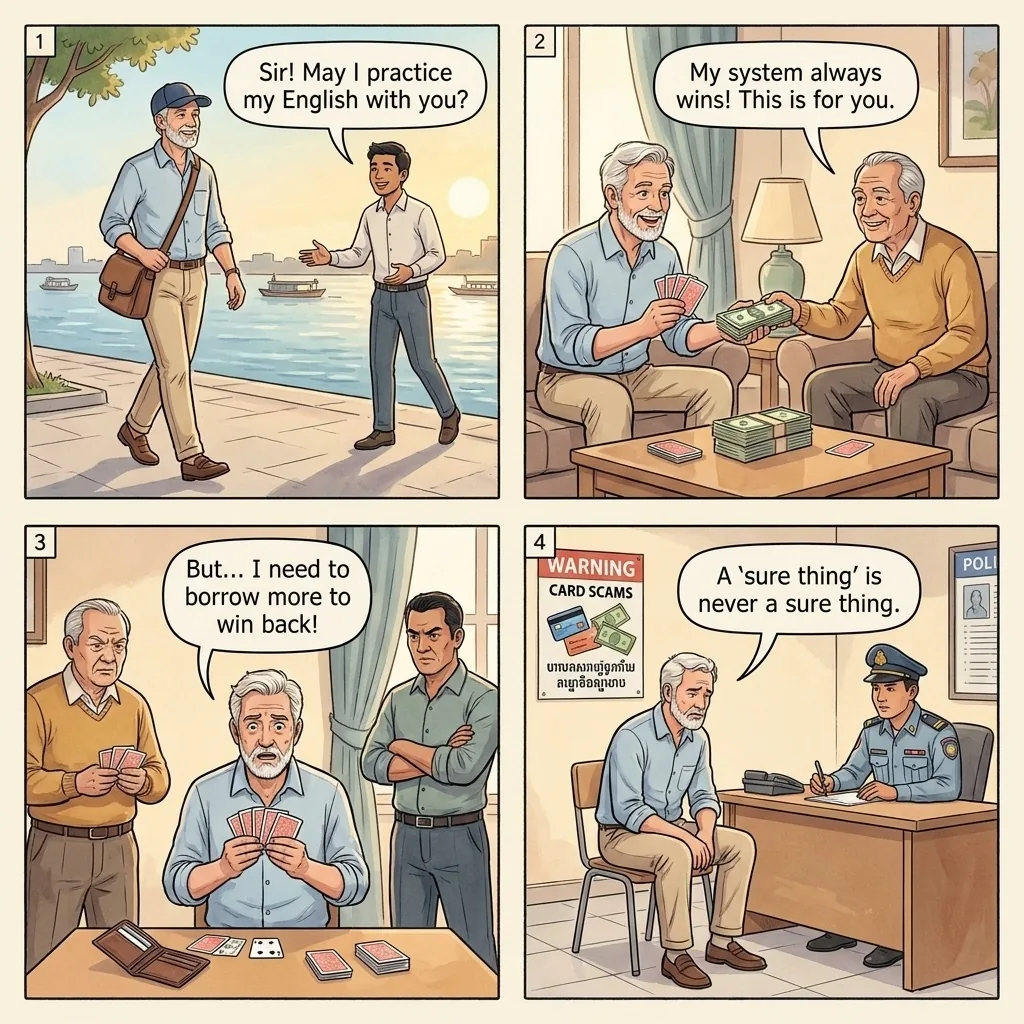 The Phnom Penh 'Helpful Local' Casino Card Setup — comic illustration