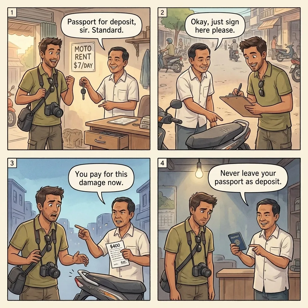 The Phnom Penh Motorbike Passport-Hostage Damage — comic illustration