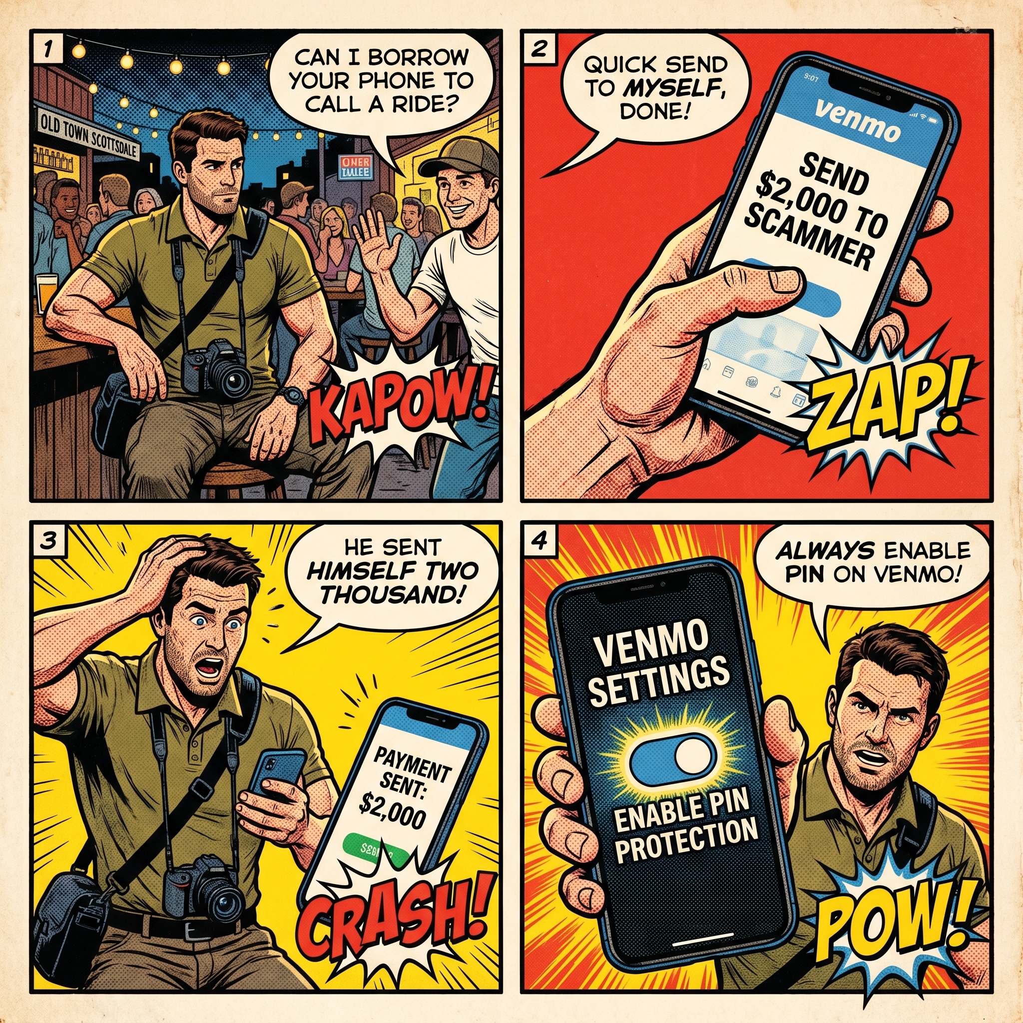 Old Town Scottsdale 'Skin' & Venmo-PIN Scam — comic illustration