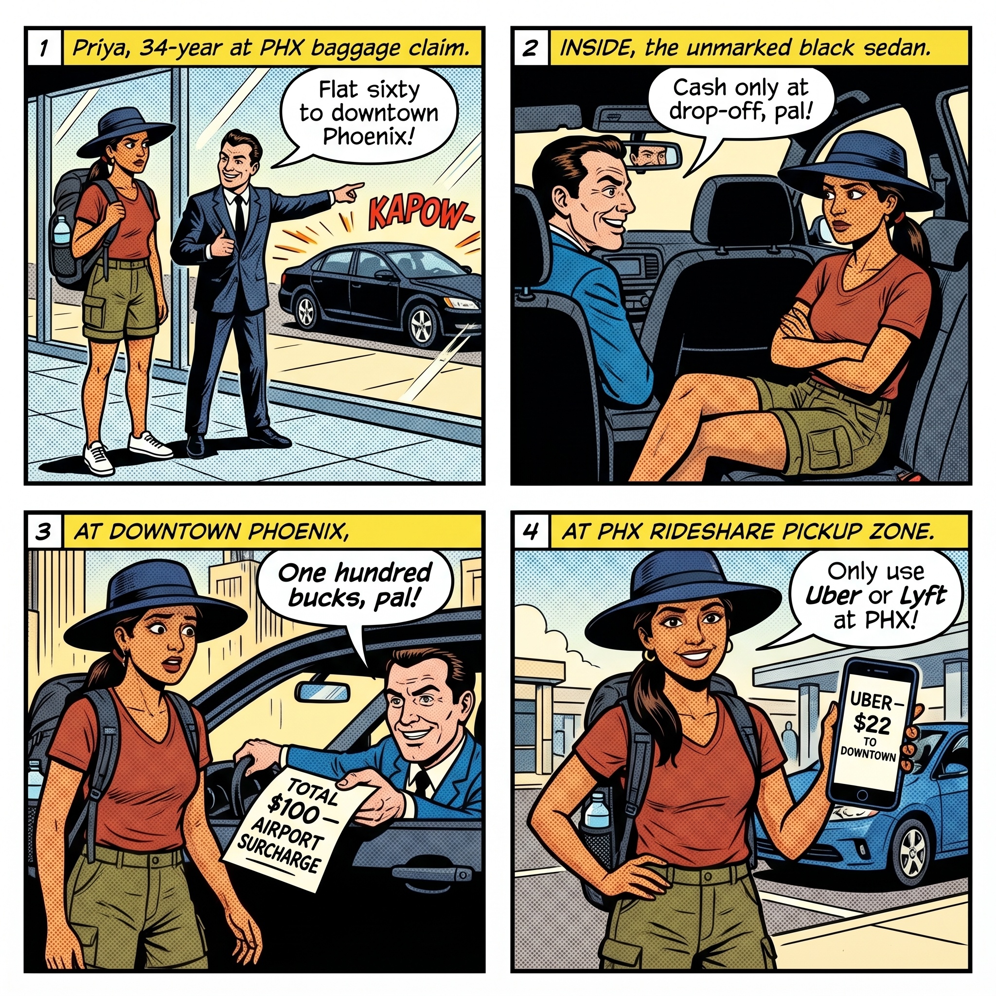 Phoenix Sky Harbor Rideshare & Taxi Scams — comic illustration