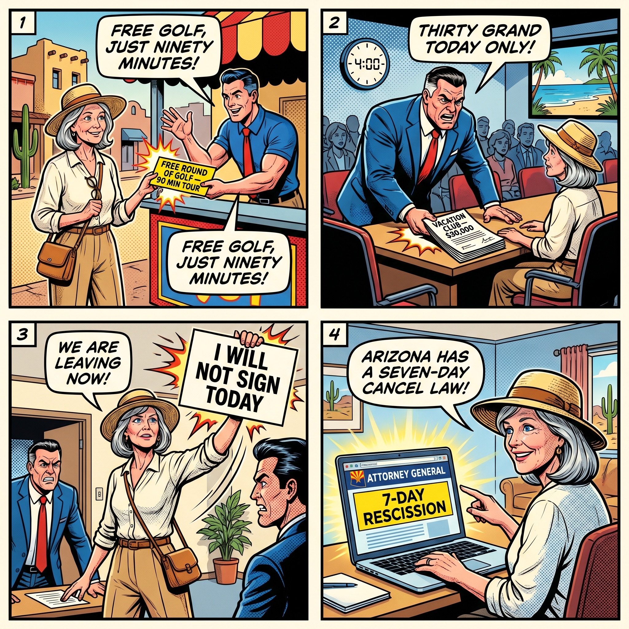 Scottsdale & Phoenix Timeshare Presentation Hustle — comic illustration