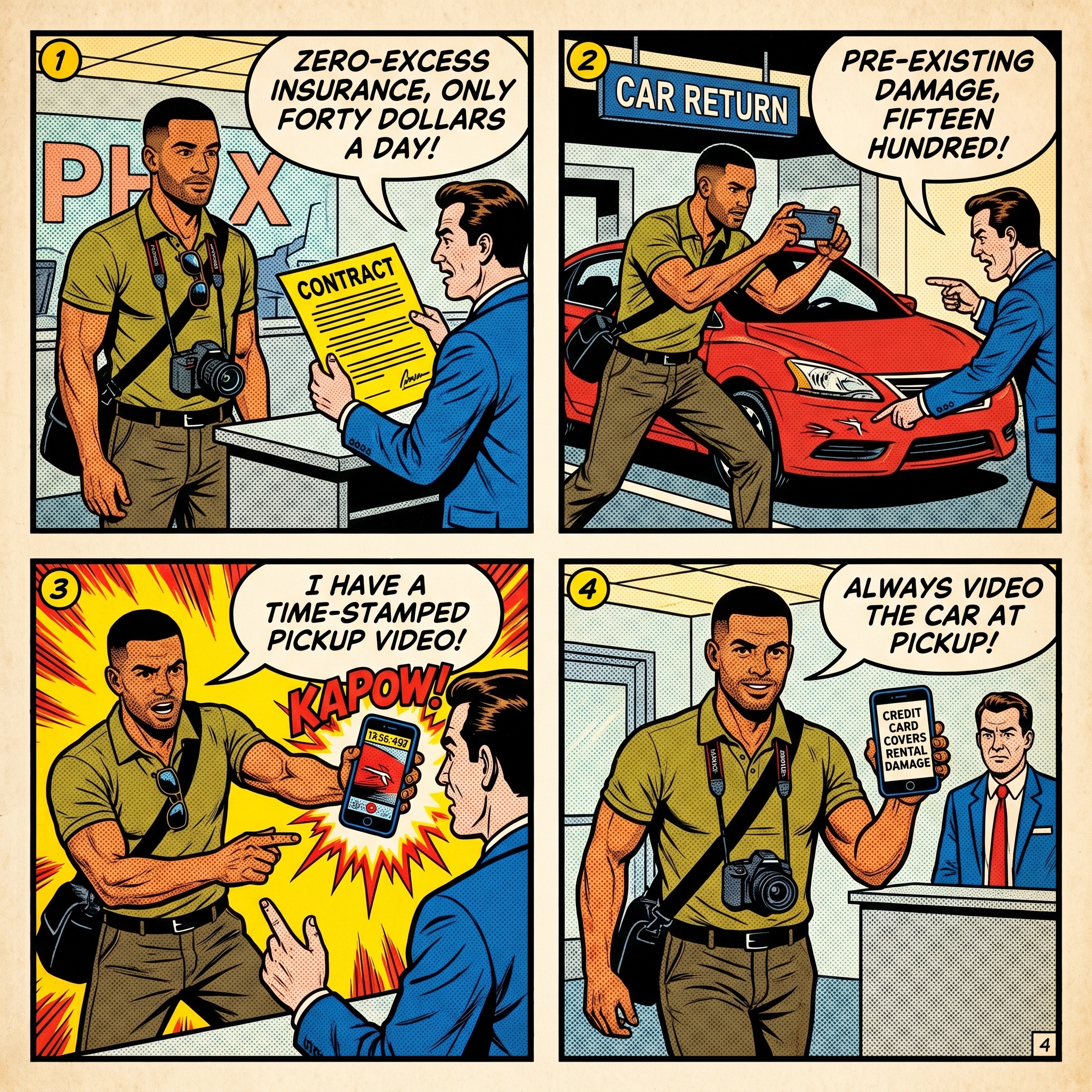 Phoenix Rental Car 'Damage' & Insurance Upsell Scams — comic illustration