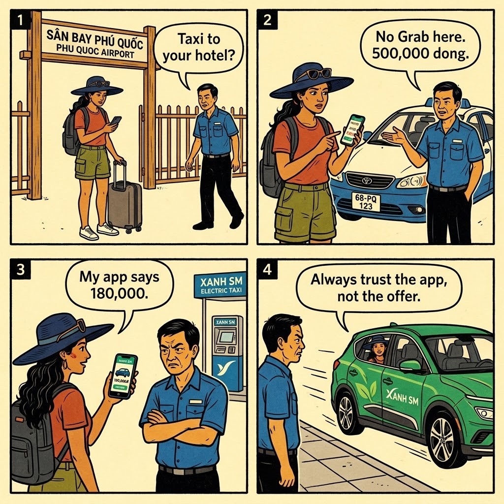 Phu Quoc Airport Taxi & Non-Grab-Area Overcharge — comic illustration