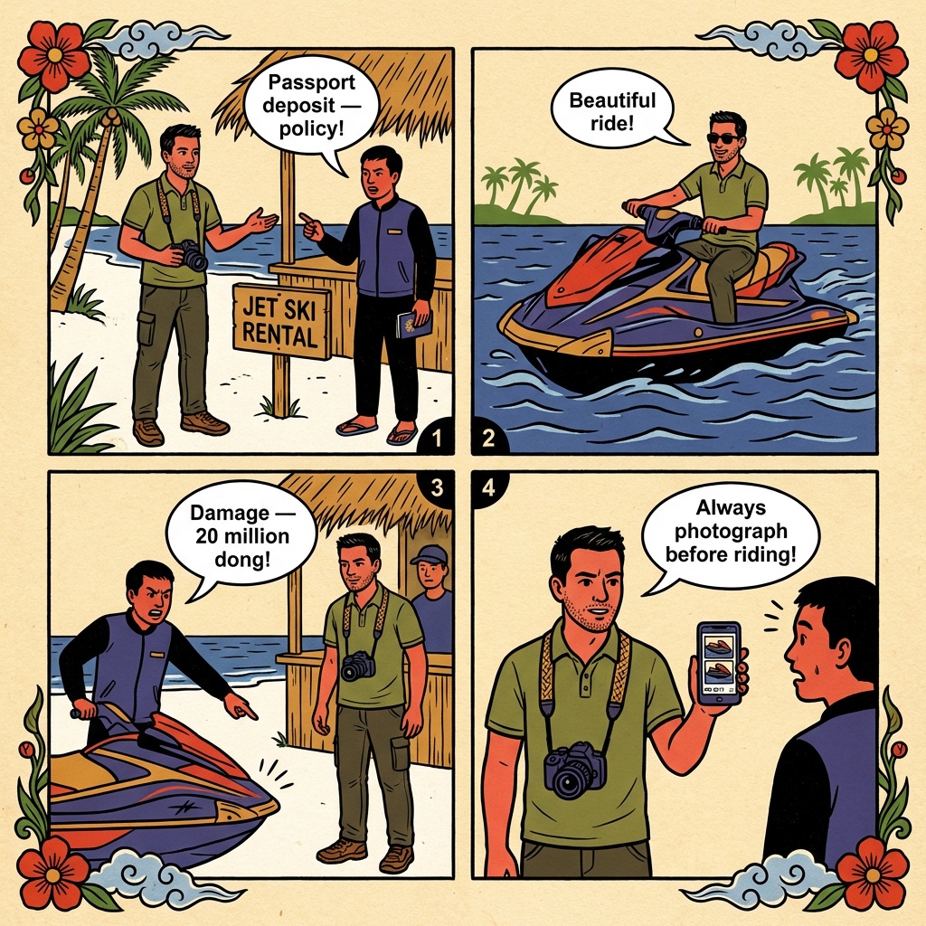 Phu Quoc Jet Ski & Water Sports Deposit-Damage Scam — comic illustration