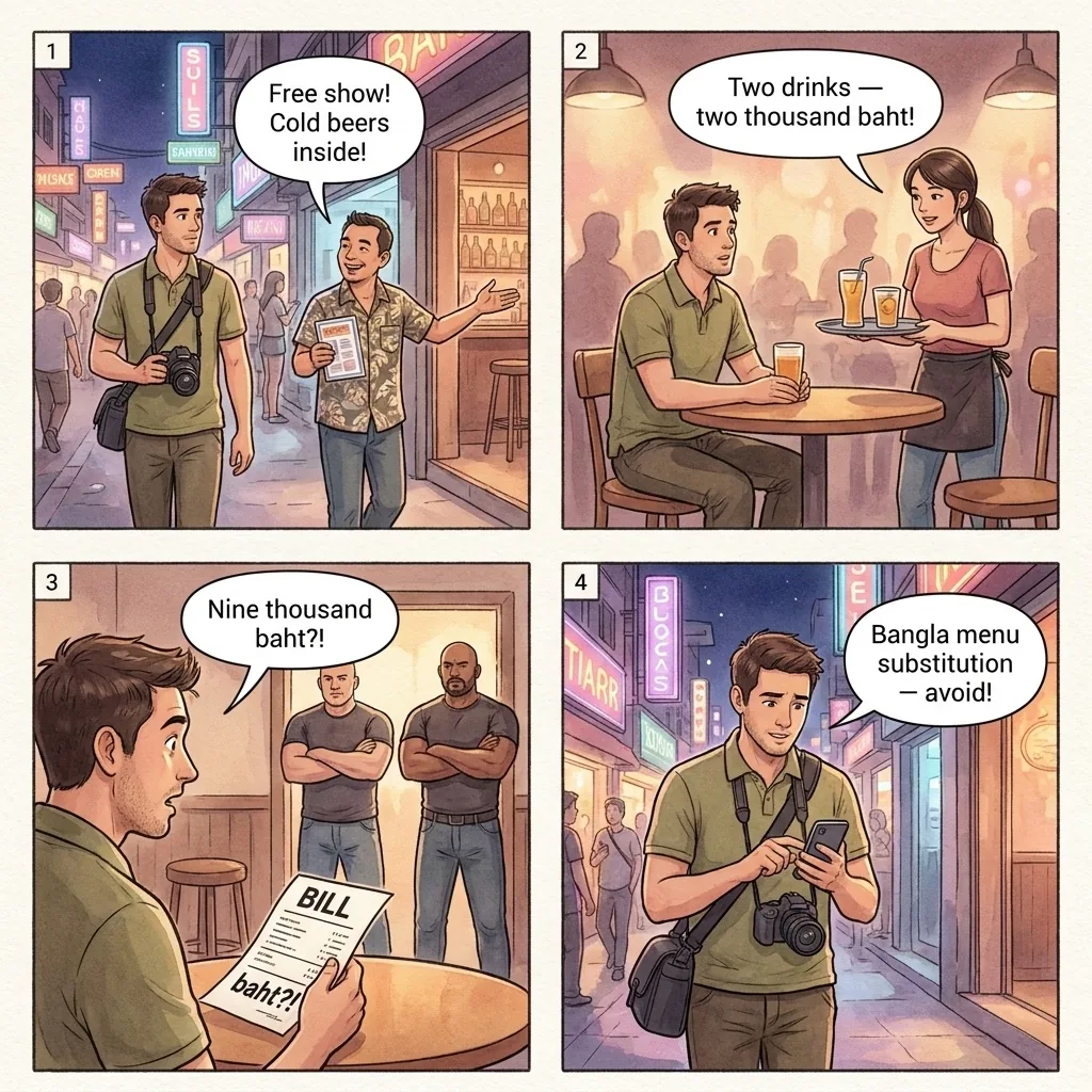 Bangla Road Ping Pong Show Bar Bill — comic illustration