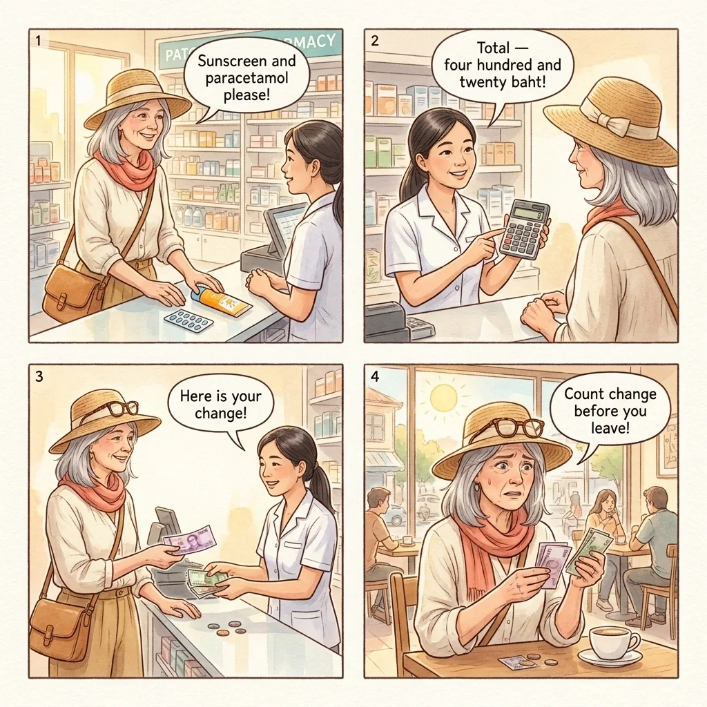 Patong Pharmacy Short-Change at Checkout — comic illustration
