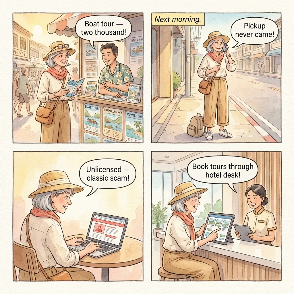 Island Tour Operator Cancellation & 'Travel Agent' Fraud — comic illustration