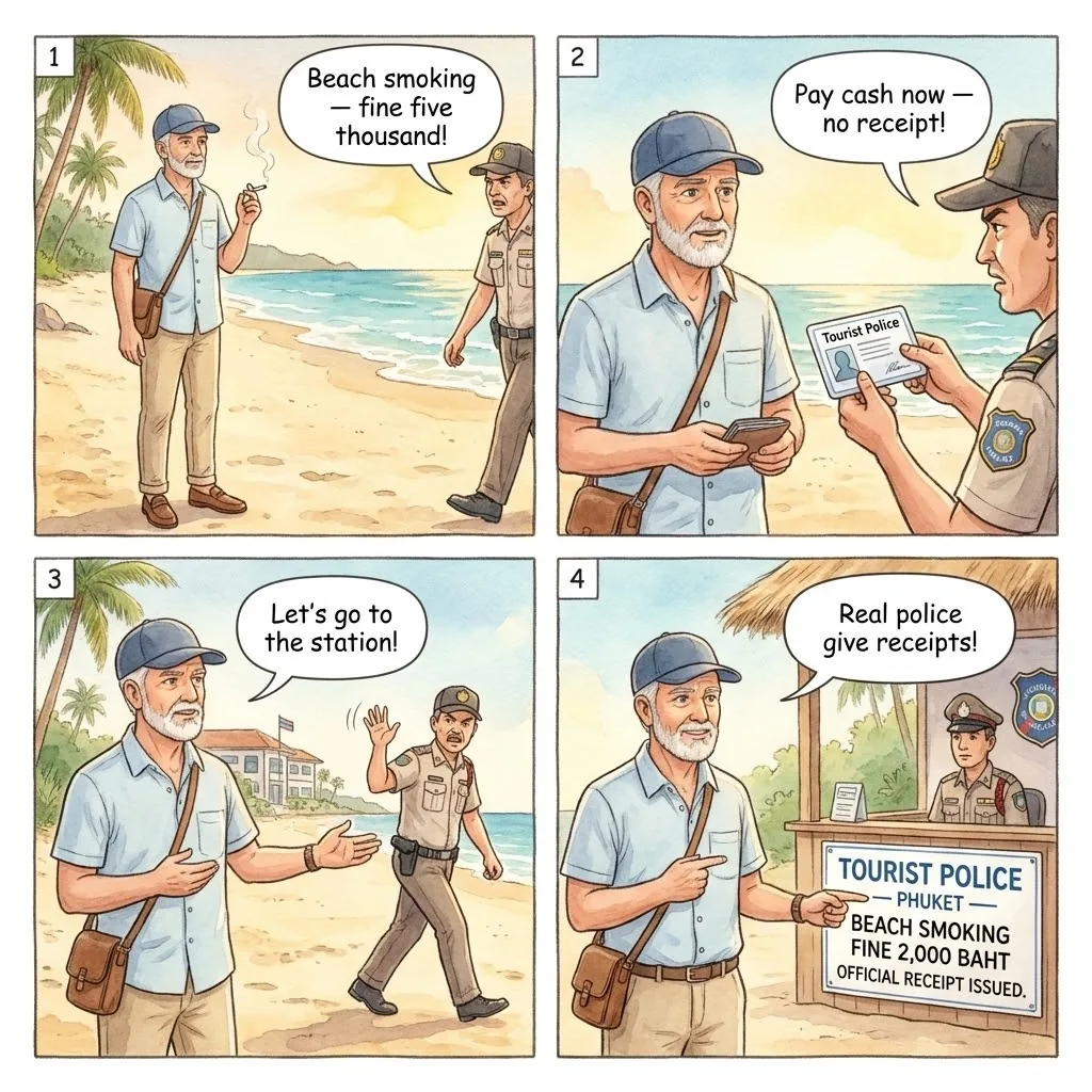Beach Smoking Fine 'Police' Shakedown — comic illustration