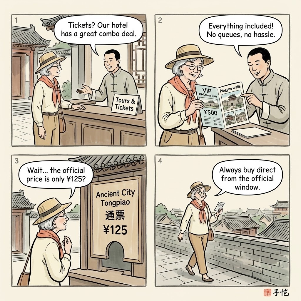 Pingyao Ancient City Ticket Bundle & 'Combo' Overcharge — comic illustration