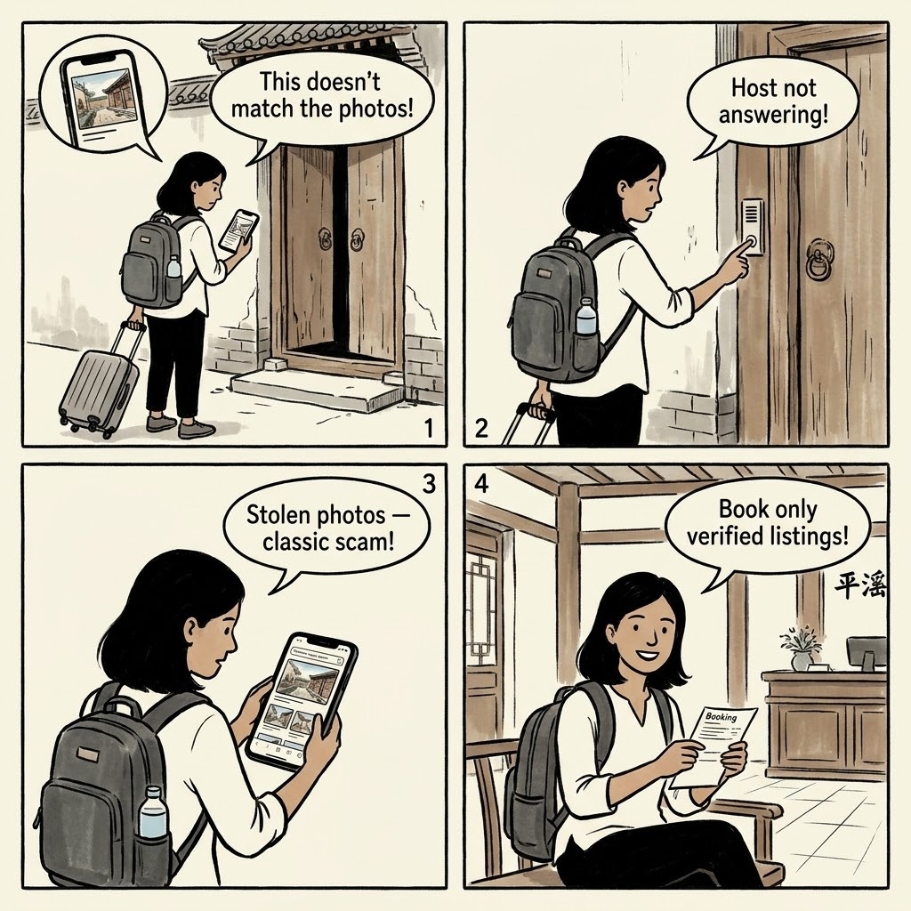 Pingyao Guesthouse Overcharge & Off-Platform Booking Fraud — comic illustration