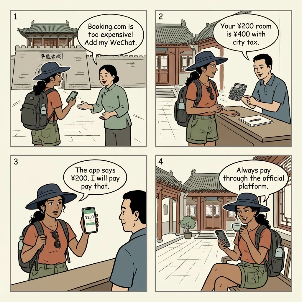 Pingyao Guesthouse Overcharge & Off-Platform Booking Fraud — comic illustration