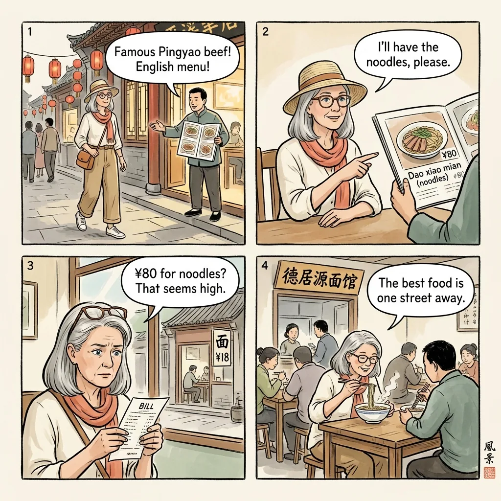 Pingyao Noodle & Shanxi Cuisine Tourist-Menu Overcharge — comic illustration