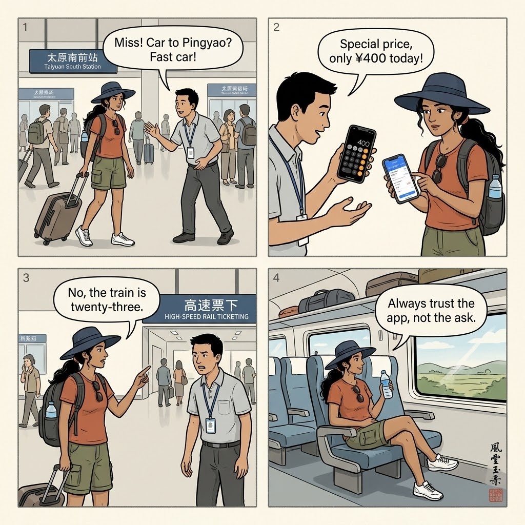 Taiyuan to Pingyao Transit & Tout Scams — comic illustration