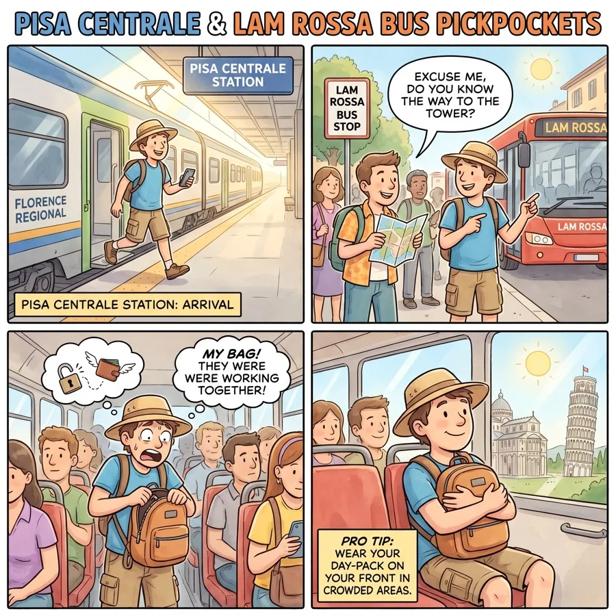 Pisa Centrale & LAM Rossa Bus Pickpockets — comic illustration