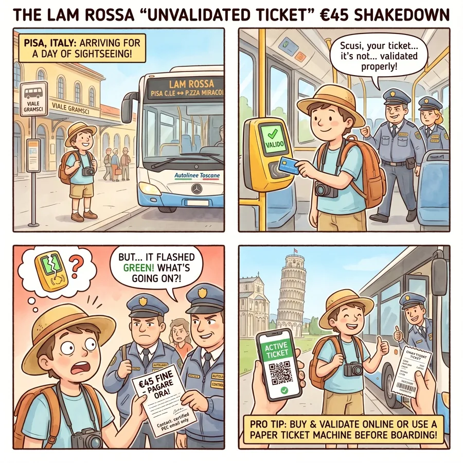 The LAM Rossa "Unvalidated Ticket" €45 Shakedown — comic illustration