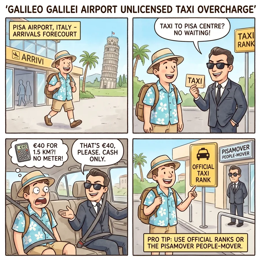 Galileo Galilei Airport Unlicensed Taxi Overcharge — comic illustration