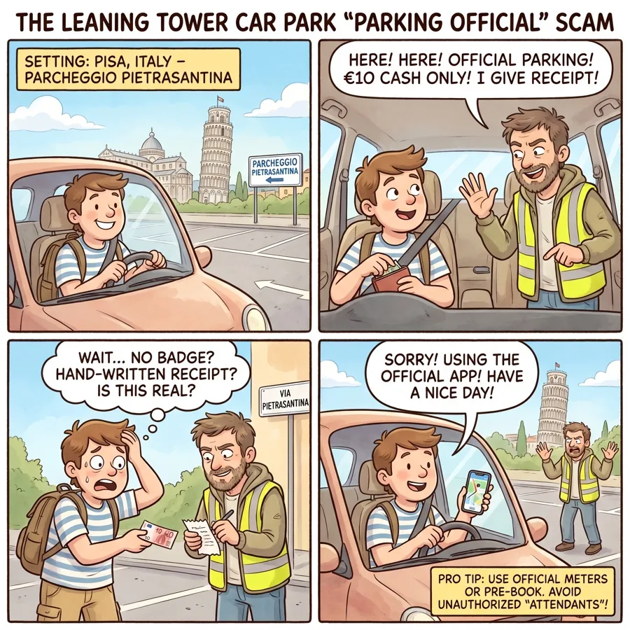 The Leaning Tower Car Park "Parking Official" Scam — comic illustration
