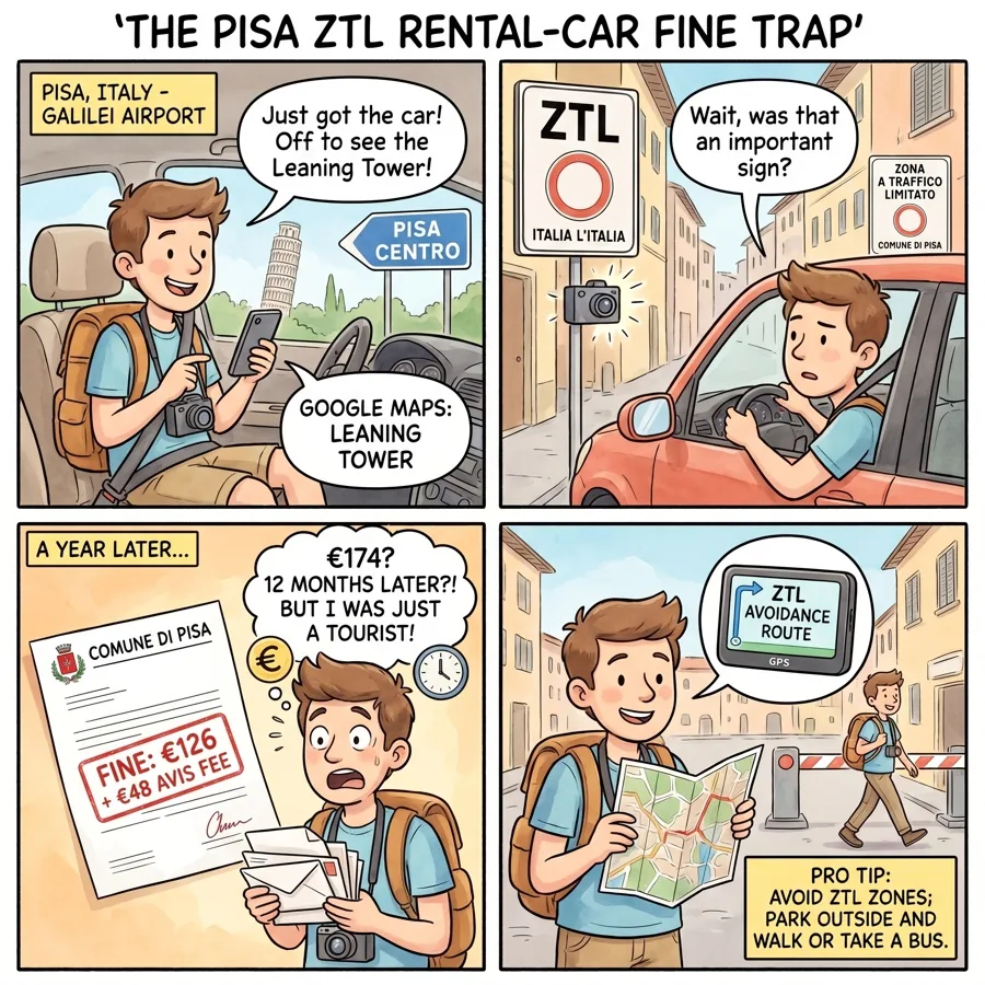 The Pisa ZTL Rental-Car Fine Trap — comic illustration