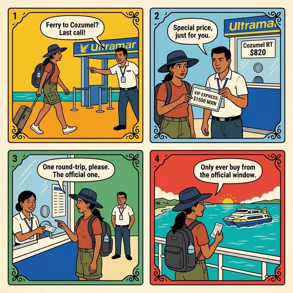 Cozumel Ferry Fake-Ticket Reseller — comic illustration