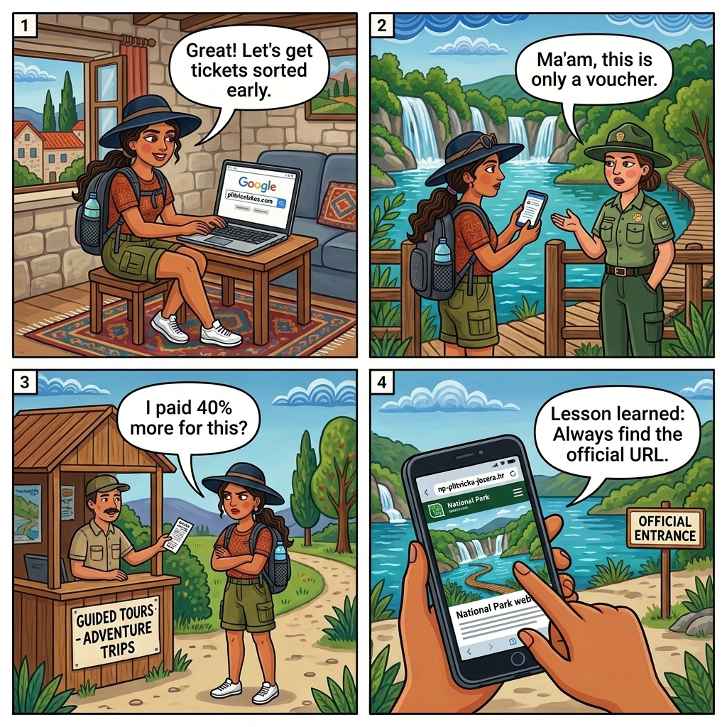 Lookalike Third-Party Plitvice Ticket Reseller Sites — comic illustration
