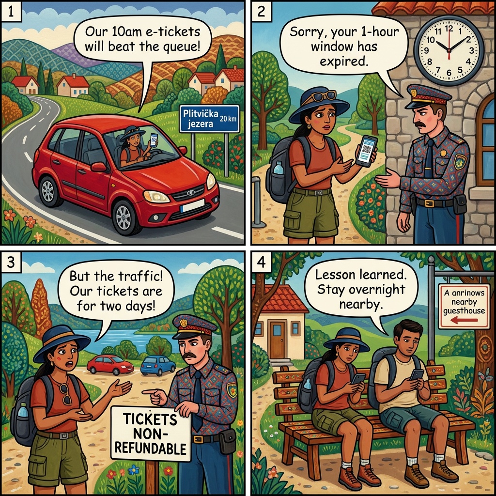 Strict 1-Hour Time-Slot Window with Non-Refundable E-Tickets — comic illustration