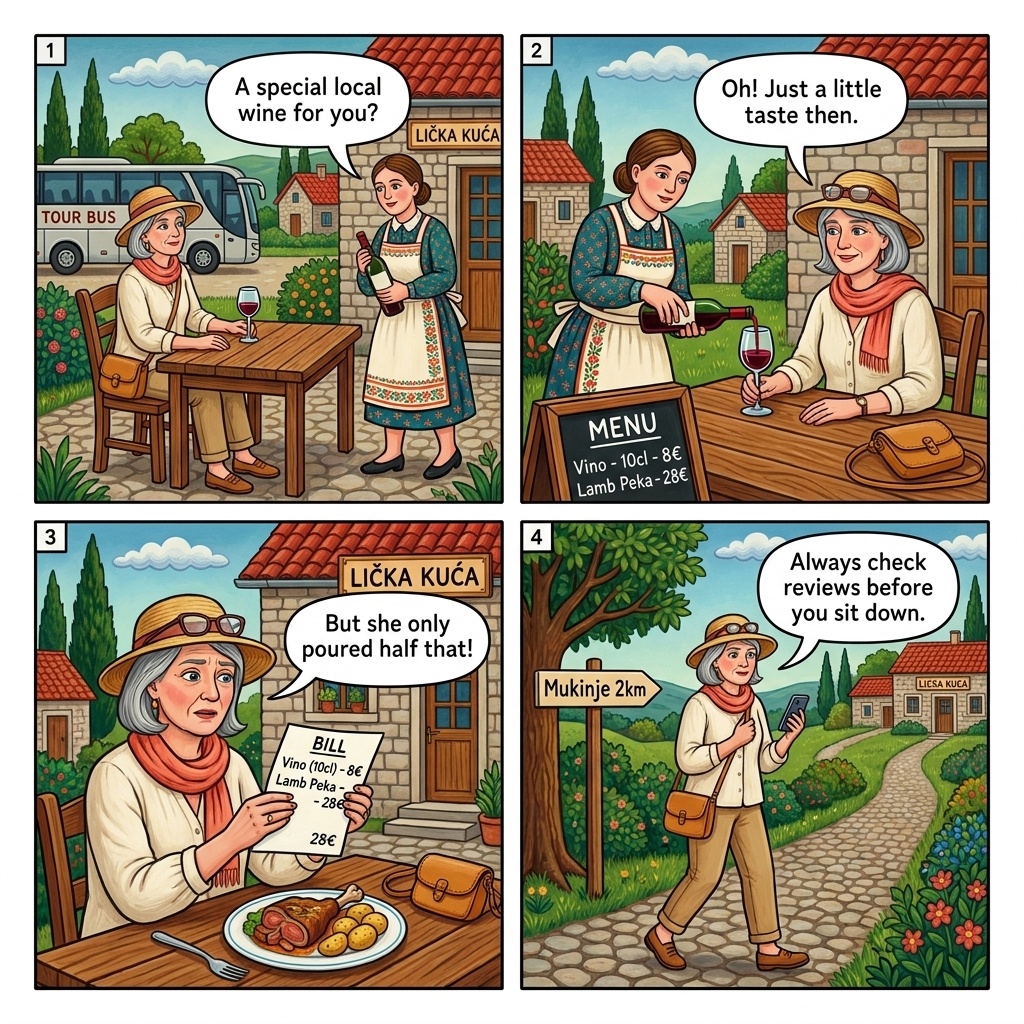 Lička Kuća Restaurant Wine-Pour and Reheated-Peka Markups — comic illustration
