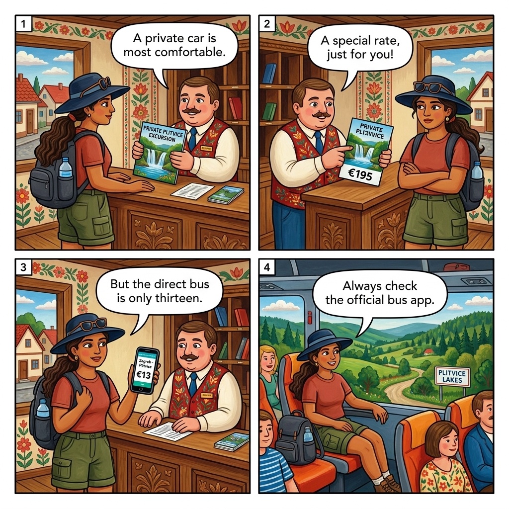 EUR 185+ Private Zagreb-Plitvice Transfer vs EUR 13 FlixBus — comic illustration