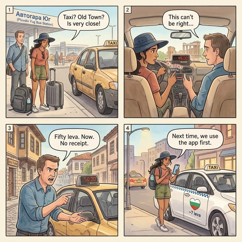 Plovdiv Bus Station Taxi 8x Overcharge — comic illustration
