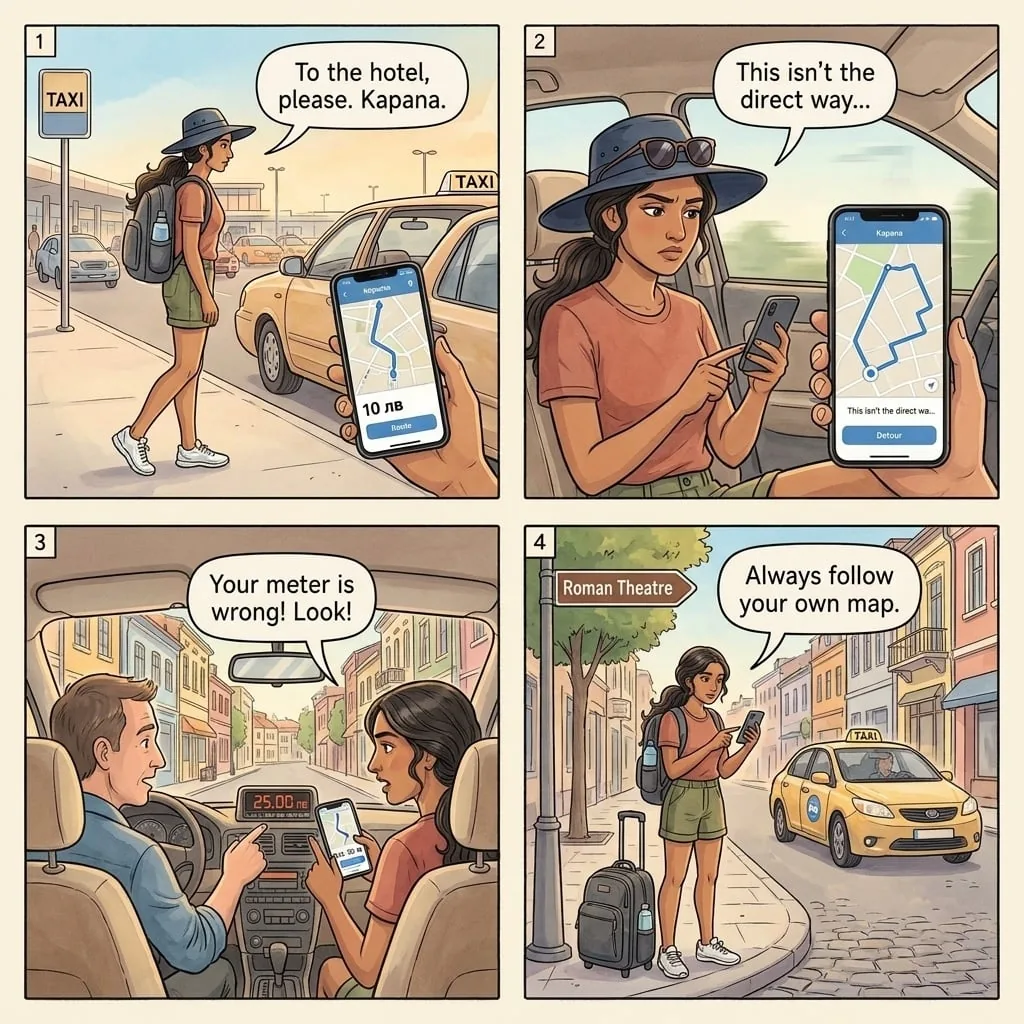 TaxiMe App Driver Route Padding — comic illustration