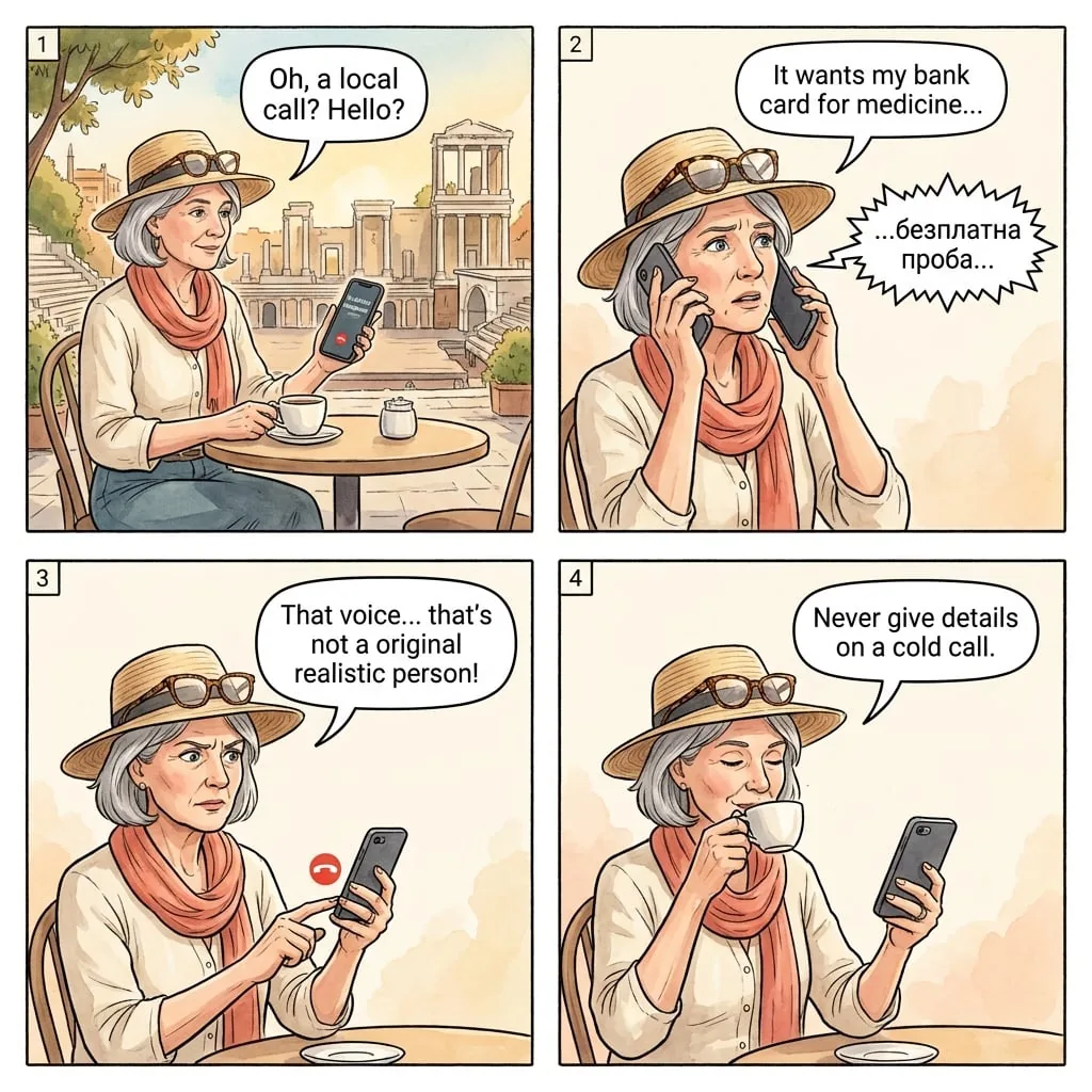 AI-Voice Phone Scam Targeting Bulgarian SIMs — comic illustration