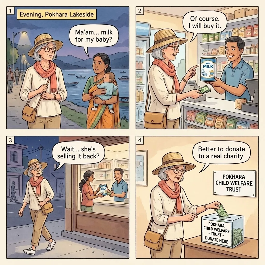 The Lakeside Milk-Powder Beggar Pharmacy Con — comic illustration