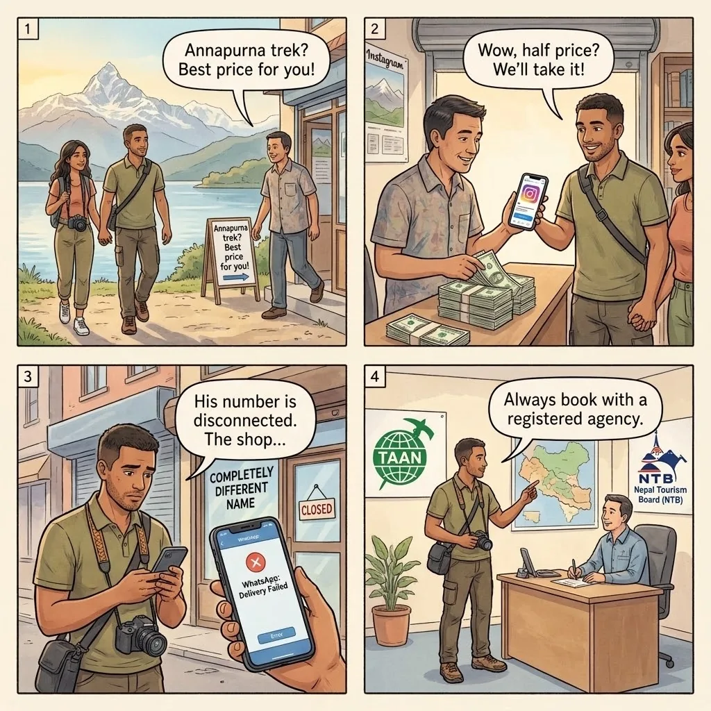 The Pokhara Unlicensed Annapurna-Trek Agency — comic illustration