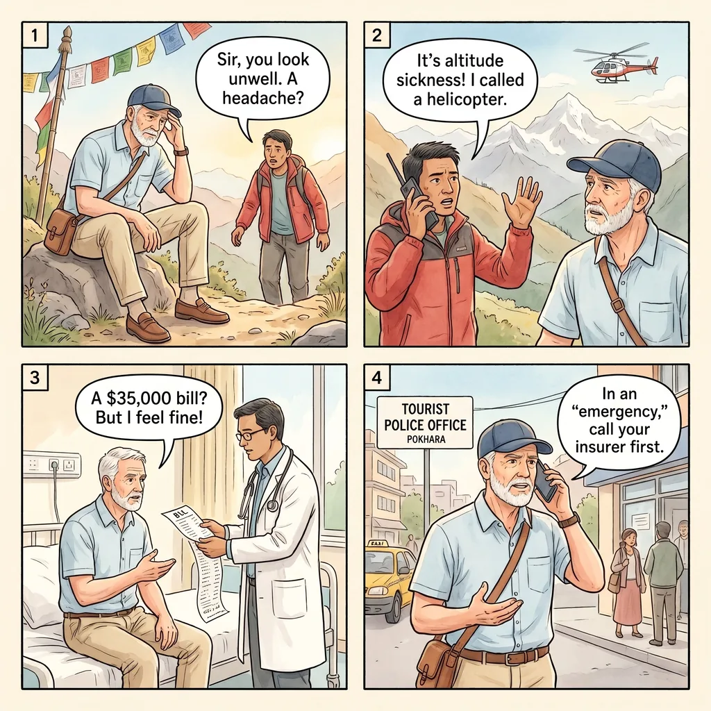 The Annapurna Helicopter-Rescue Insurance Fraud — comic illustration