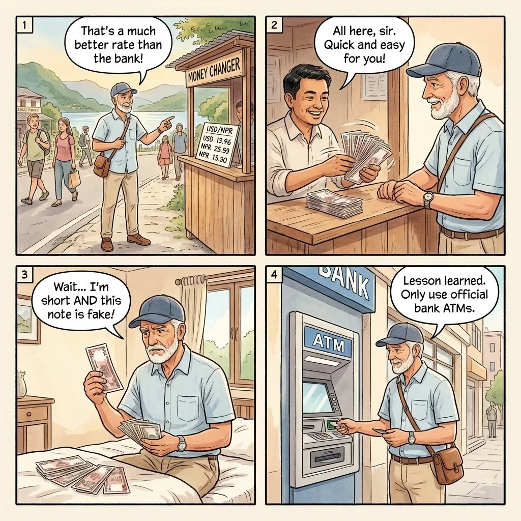 The Lakeside Money-Changer Counterfeit Switch — comic illustration