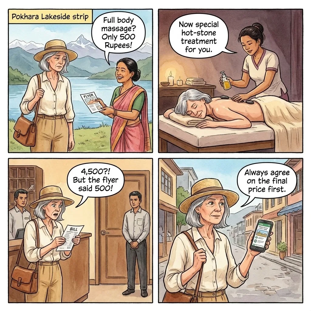The Lakeside Massage-Parlor Bait-and-Upsell — comic illustration