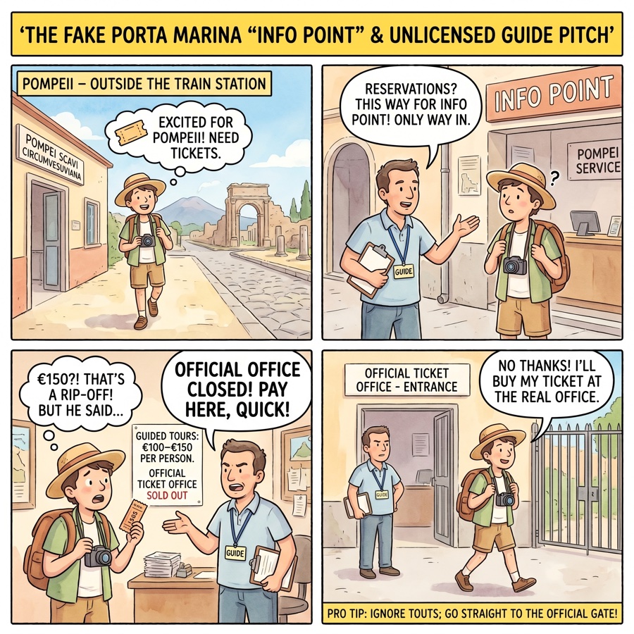 The Fake Porta Marina "Info Point" & Unlicensed Guide Pitch — comic illustration