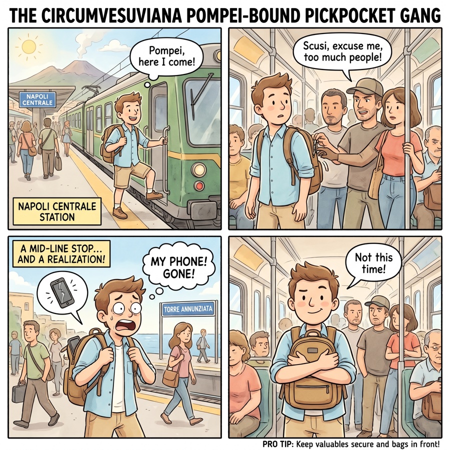 The Circumvesuviana Pompei-Bound Pickpocket Gang — comic illustration