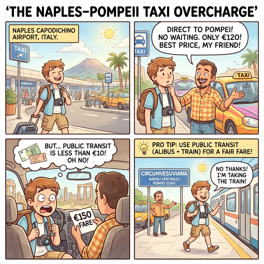 The Naples–Pompeii Taxi Overcharge — comic illustration