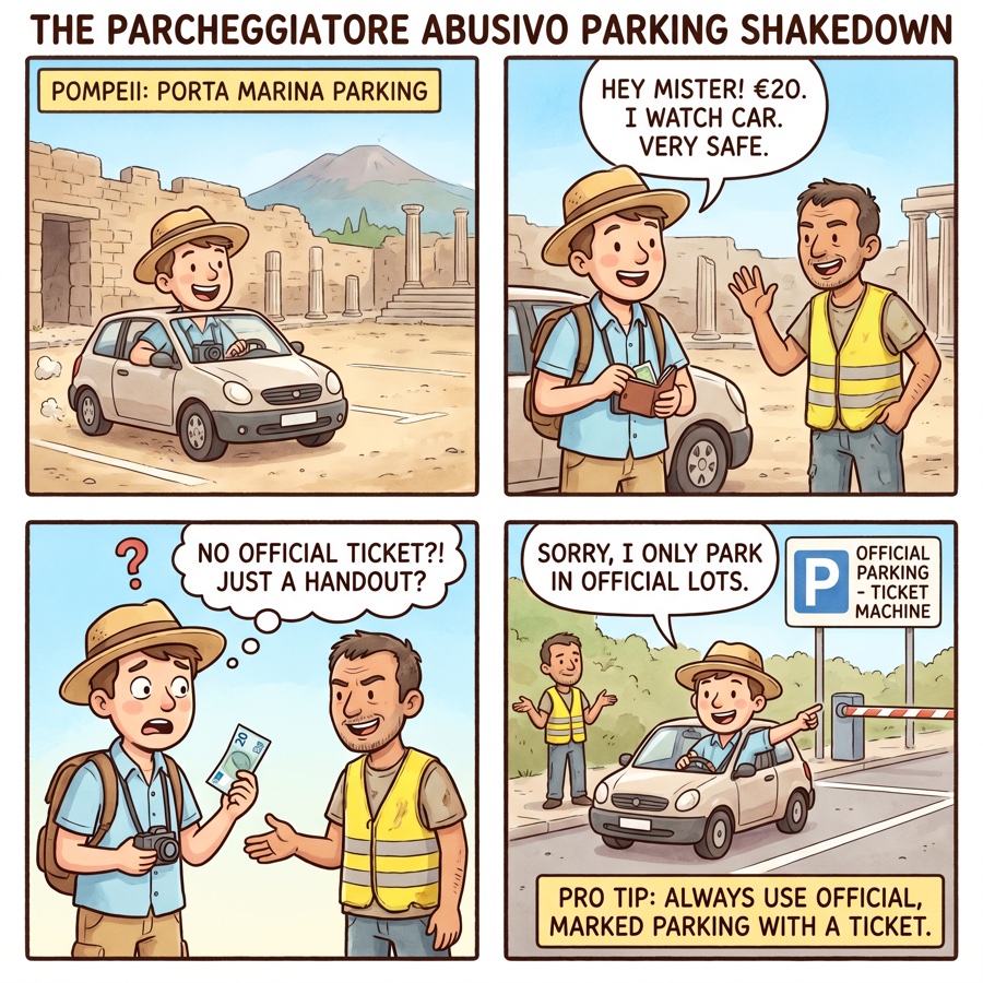 The Parcheggiatore Abusivo Parking Shakedown — comic illustration