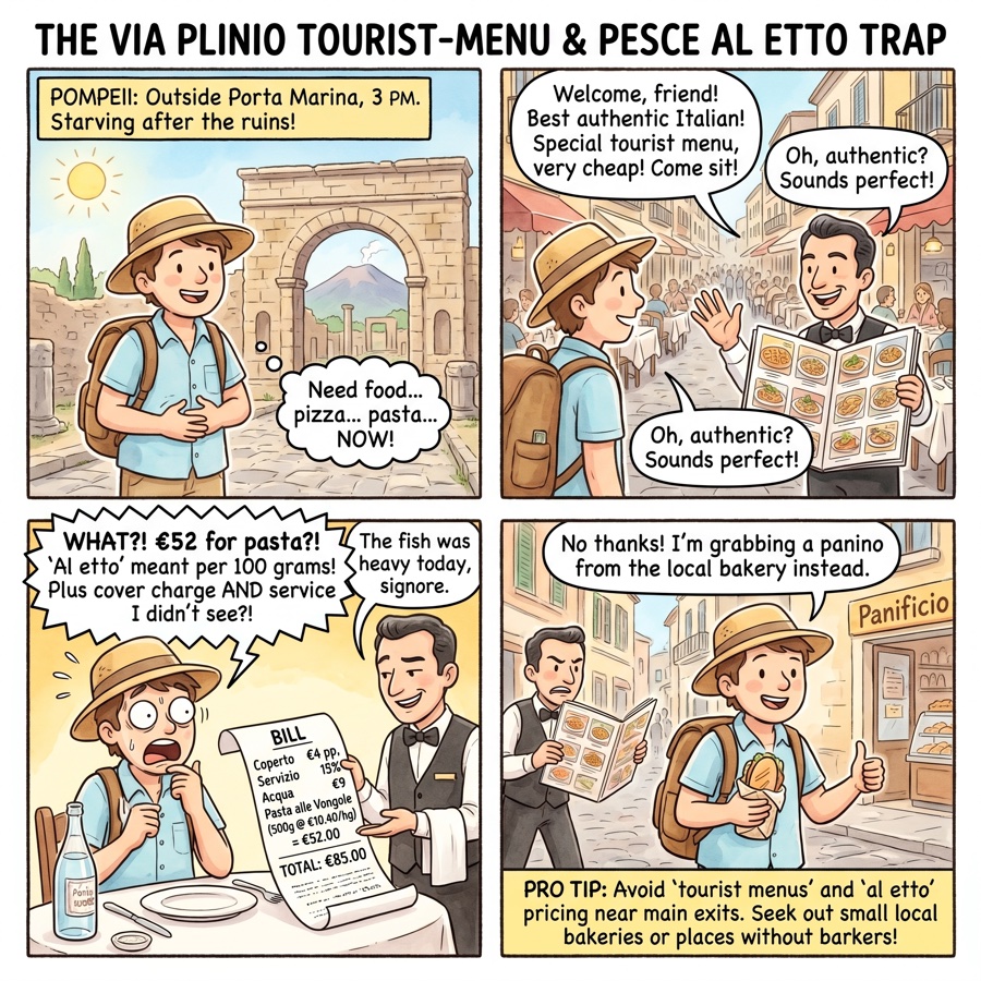 The Via Plinio Tourist-Menu & Pesce al Etto Trap — comic illustration