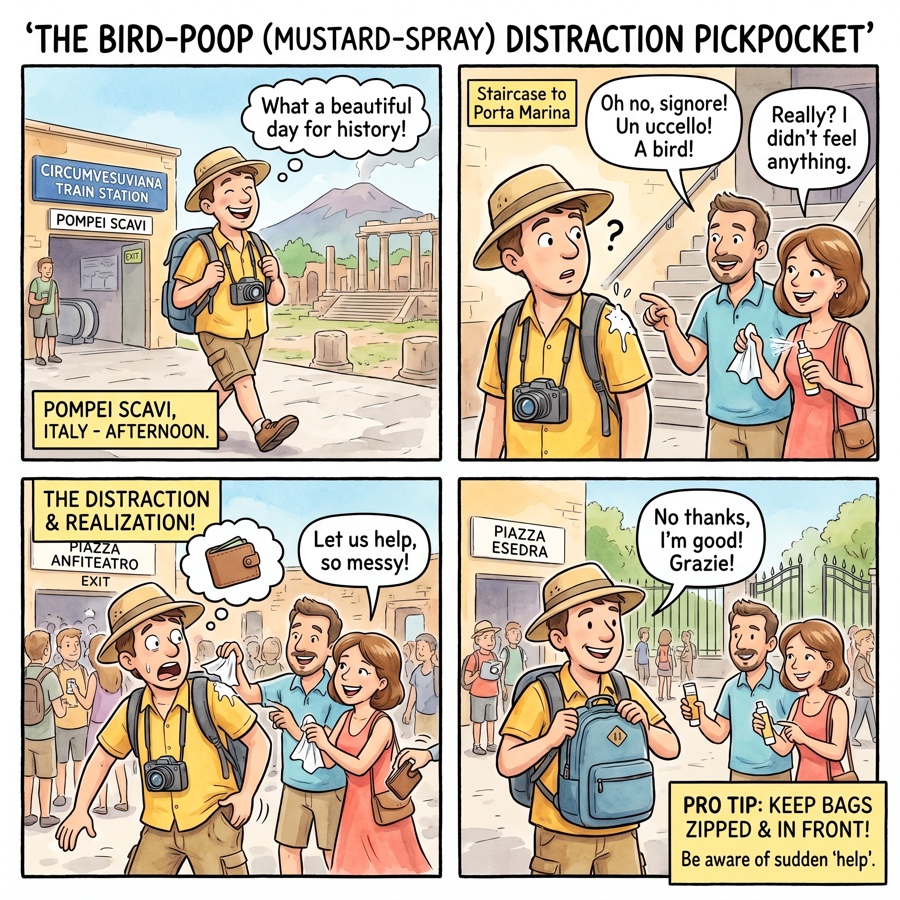 The Bird-Poop (Mustard-Spray) Distraction Pickpocket — comic illustration