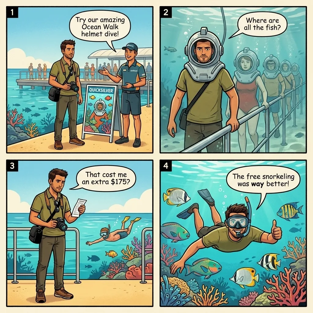 Quicksilver 'Ocean Walk' Helmet Dive Upsell Scam — comic illustration