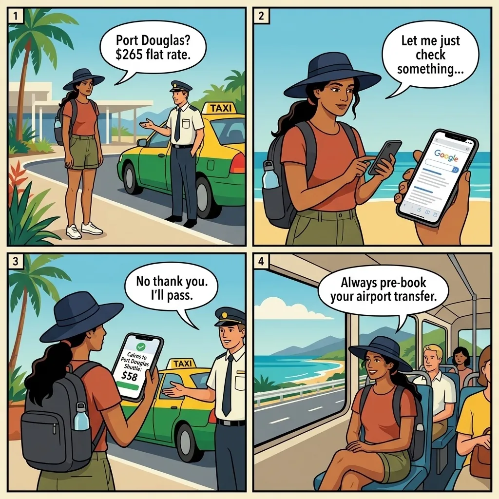 Cairns → Port Douglas Transfer Overcharge — comic illustration