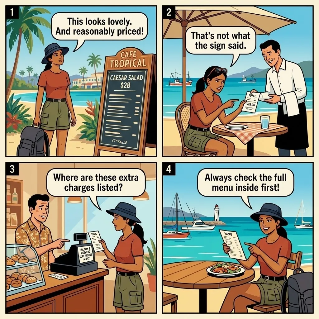 Macrossan Street Cafe & Restaurant Pricing Traps — comic illustration